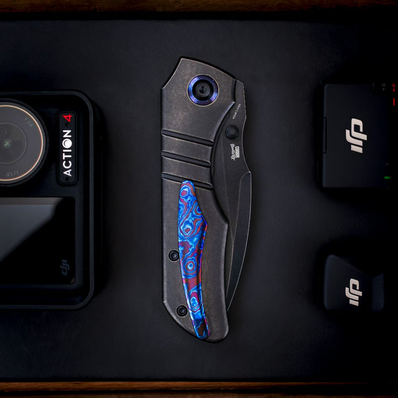 Kansept Mini Lanza | Thumb Stud | Blackwash Titanium &Timascus Pocket Clip | 3.31" CPM 20CV Blade | Brandon Corbin Designed | K1116A2