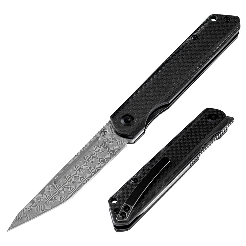 KANSEPT Prickle Flipper Knife Stainless Steel + Carbon Fiber Handle (3.53"Damascus Blade)Max Tkachuk Design-K1012D1