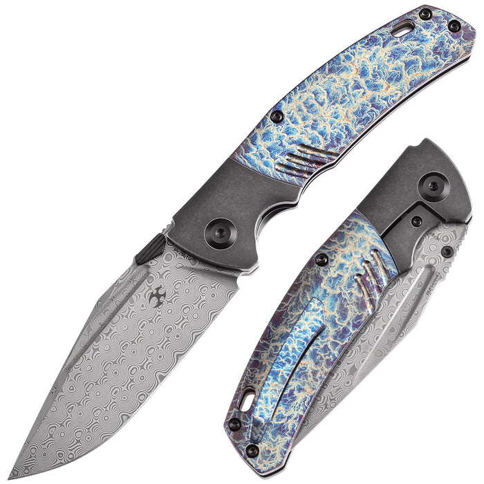 KANSEPT Hinterland Thumb Stub Blackwash Titanium and Lightning Strike Finished Titanium Inlay Handle (3.58" Damascus Blade) Morgan Koens Design-K1057A6