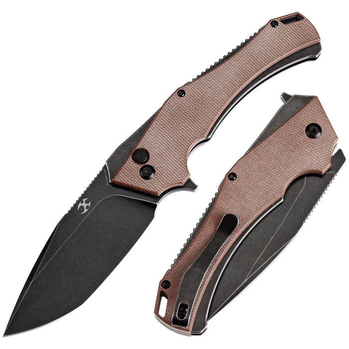 KANSEPT Hellx Button Lock Brown Micarta Handle (3.6''D2 Blade )Mikkel Willumsen Design -T1008F2