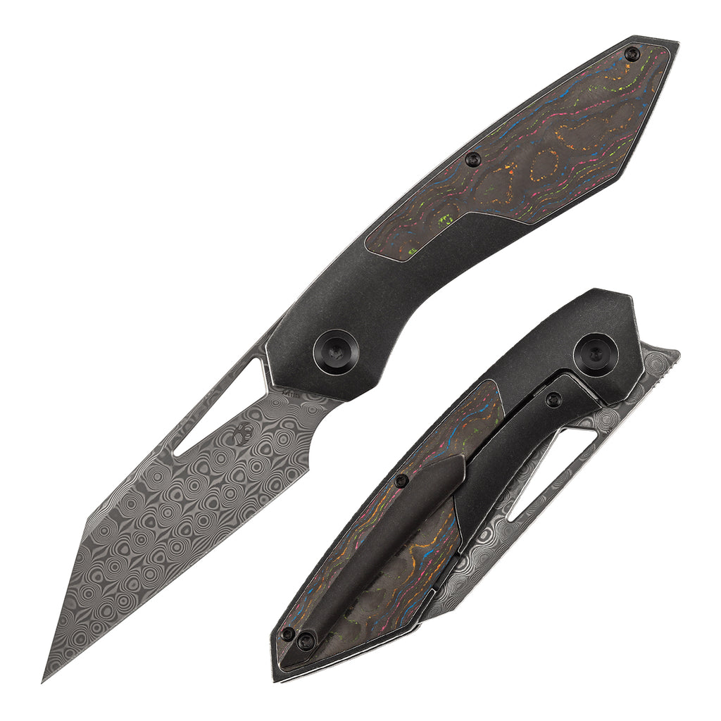 KANSEPT STRIP Thumb Hole 80S Camo Carbon Fiber+Blackwash Titanium 3.4" Damascus Blade RON STEELE DESIGN K1113A4