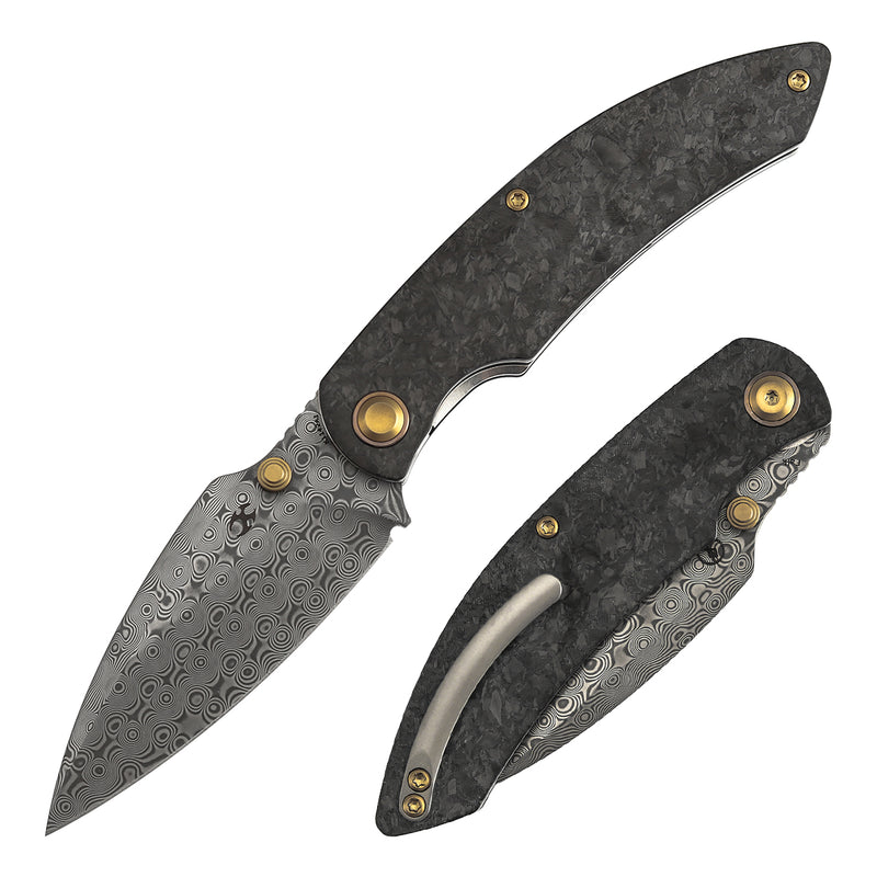 Kansept Falk | Thumb Stud | Shred Carbon Fiber | 3.31" Damascus Blade | Cédric Destombes Designed | K1142A1