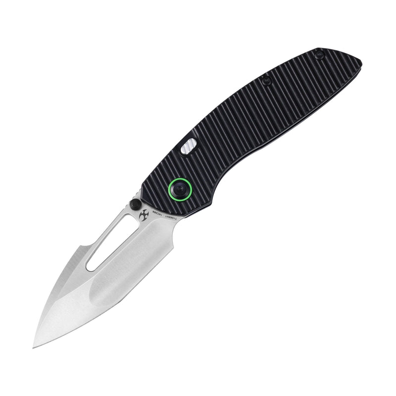 Link | Top Liner Lock | Black Aluminum with Milled Grooves | 2.98" Satin 14C28N | Triple Stripe Knives | T1068H1