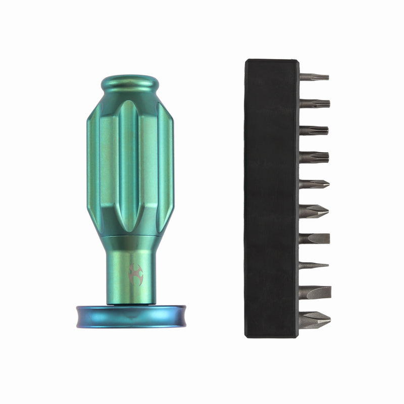Kansept EDC Bit Driver Drive-R-Saurus G018P2 – Green Anodized Titanium Palm Multitool with Spinner Top | Jesse Pauley Design