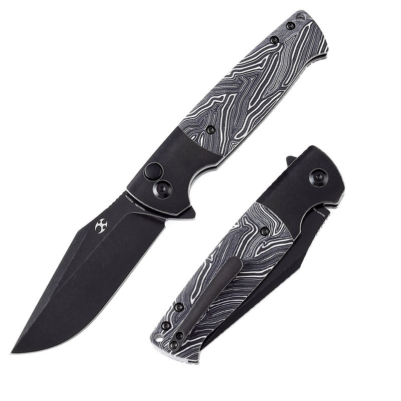 Shikari SBL Button Lock K2027B1 Black Stonewashed CPM S35VN Blade Black Stonewashed Titanium +Black White Gmascus Handle with Morgan Koens Dessign