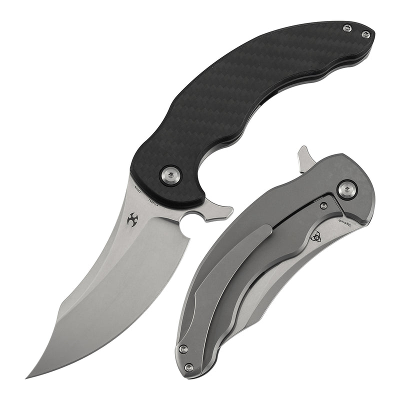 KANSEPT Gilgamesh Flipper Twill Carbon Fiber & G10 with Stonewashed Titanium Handle ( 3.75" CPM S35VN Blade) Andreas Goltz Designed- K1128A1