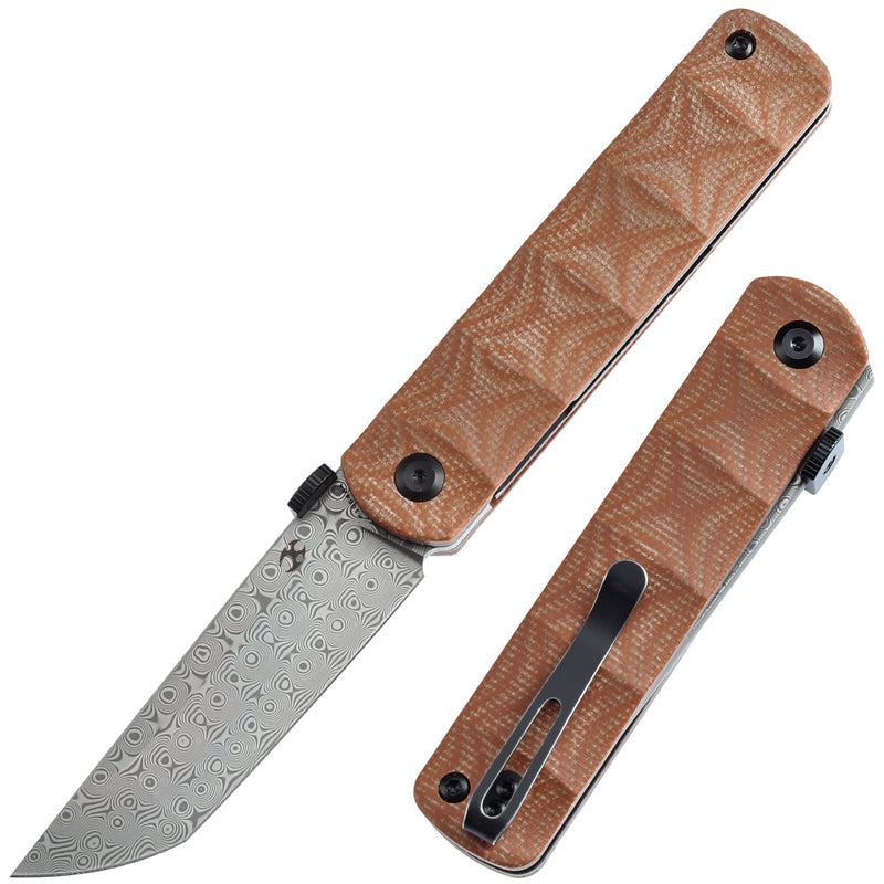 KANSEPT BTF Thumb Disc Knife Brown Micarta Handle (3.24'' Damascus Blade)Rolf Helbig-K1064A4