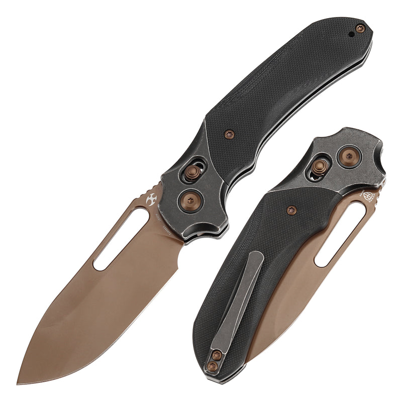 KANSEPT Quasar Cross Bar Lock Black G10 Handle (3.38" Dark Rose Gold Finished 154CM Blade) with Munko Knives Design-T1099V3