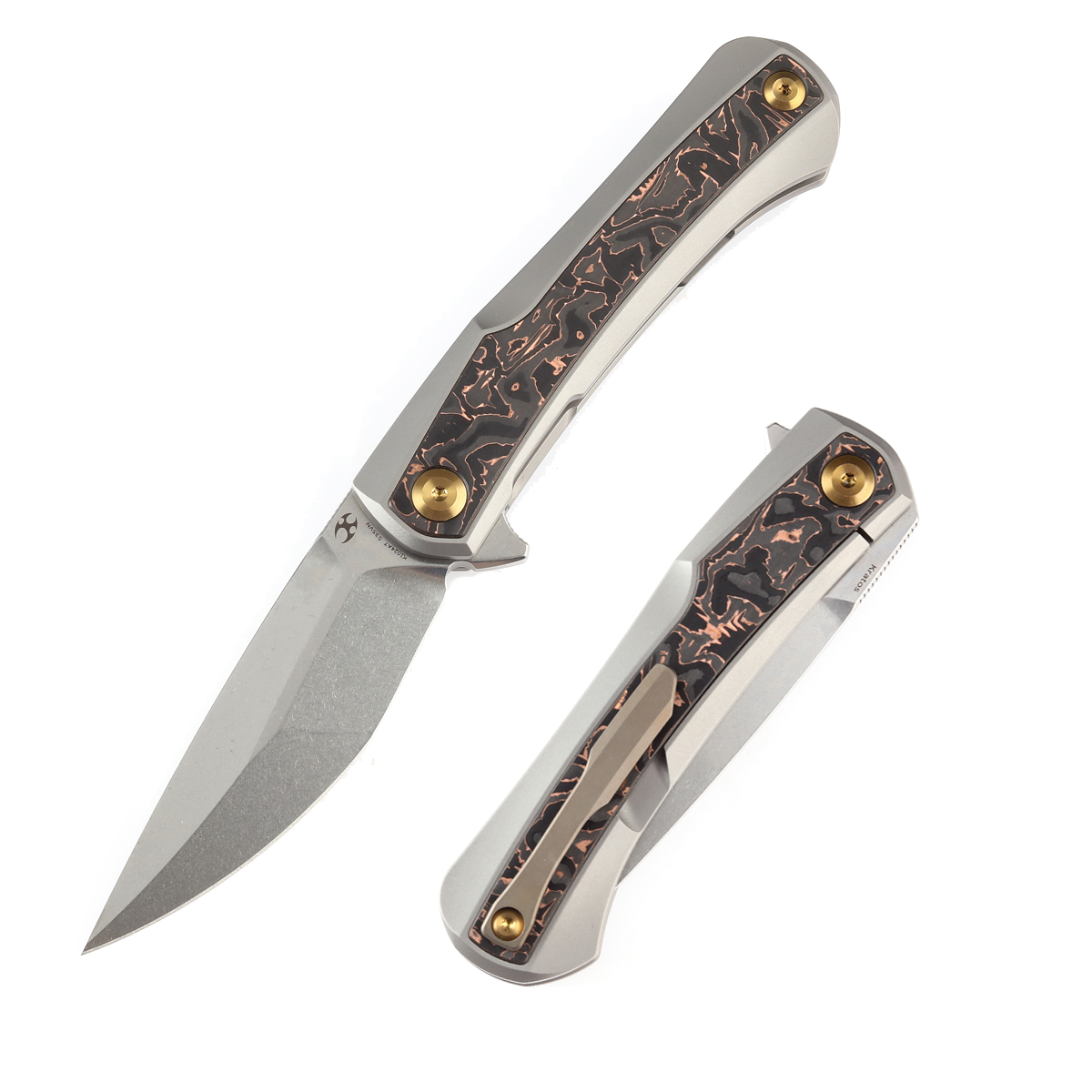 KANSEPT Kratos Flipper Knife Titanium + Copper Carbon Fiber Inlay Hand ...