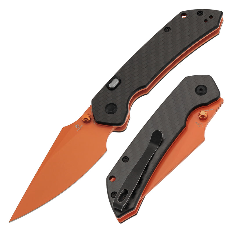 Tenable Fenrir Top Liner Lock Folding Knife| Twill Carbon Fiber Handle | 3.48“ Orange Coated Nitro V Blade | Sparrow Knife Design | B1034H5