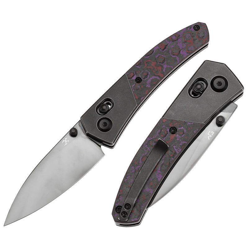 KANSEPT Dako Cross Bar Lock Blackwash Titanium with Purple Haze Fatcarbon Handle (3.19" Mirror DLC CPM S35VN Blade) with Eddy M Design-K1101V3