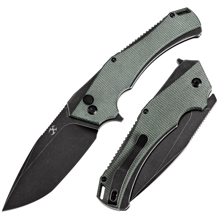 KANSEPT Hellx Button Lock Green Micarta Handle (3.6''D2 Blade )Mikkel Willumsen Design -T1008F1