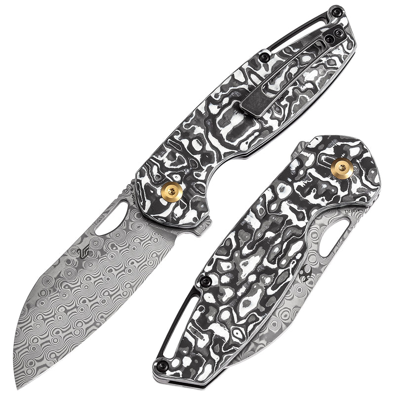 KANSEPT Model 6 Left-handed Flipper/Thumb Hole Knife Black White Carbon Fiber Handle (3.1'' Damascus Blade) -K1022L1