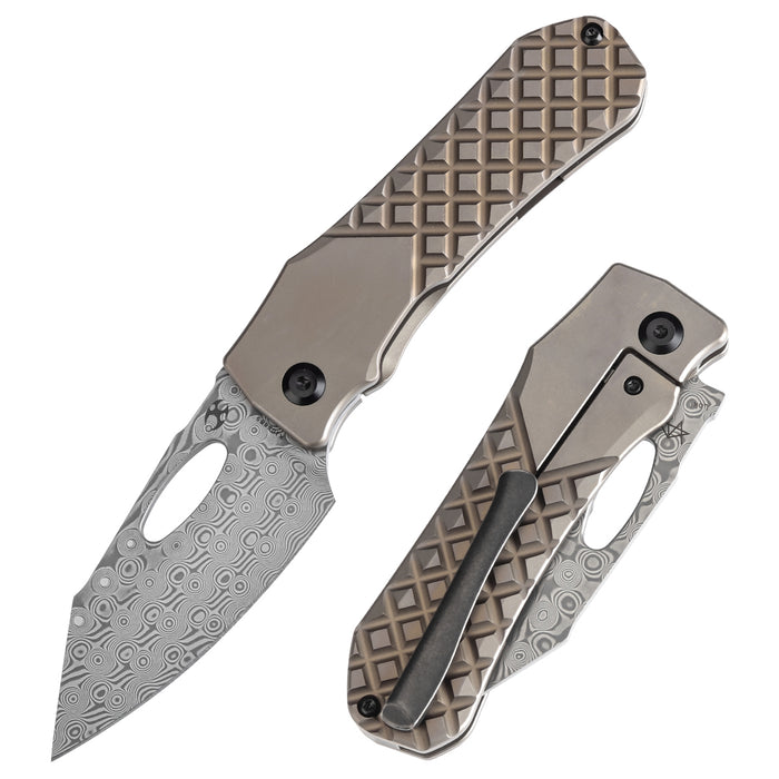 KANSEPT Loki Thumb Hole Knife Bronzed Anodized Titanium with Frag Pattern Handle (2.99''Damascus Blade)Steven Dunnuck Design-K1058B5