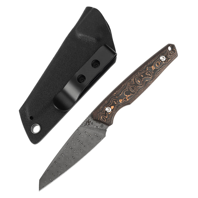 Kansept Parr | Fixed Blade | Copper Carbon Fiber |3.12" Damascus Blade | Jonathan Styles Design | G011A5