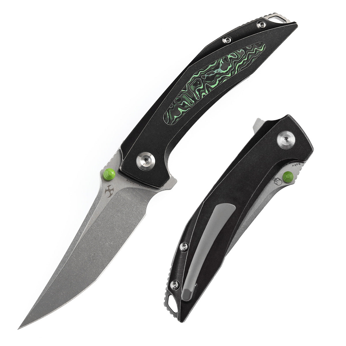 KANSEPT Baku Flipper/Thumb Hole Knife Titanium + Green Carbon