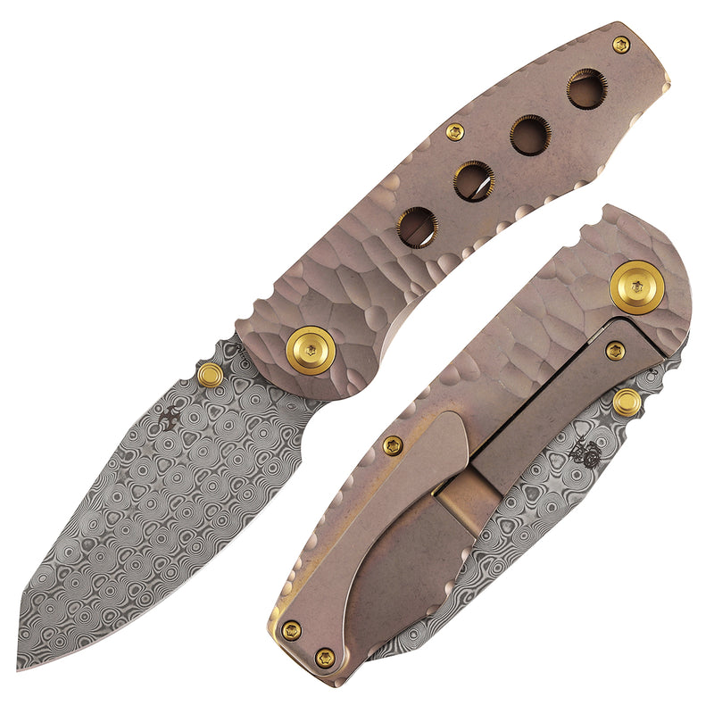 Kansept Caveman | Frame Lock | Rose Gold Anodized and Stonewashed Titanium with CNC-machined Rock Pattern | 3.57" Damascus Blade |  Jesse Pauley Designed | K1110A6