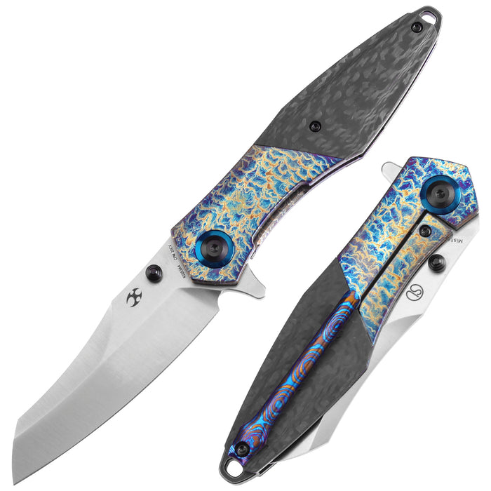 KANSEPT Thumb Stub Mistaken Lightning Strike Finish Titanium and Twill Carbon Fiber with Timascus Clip (3.15" CPM 20CV) Jonathan Styles Design- K1053A4