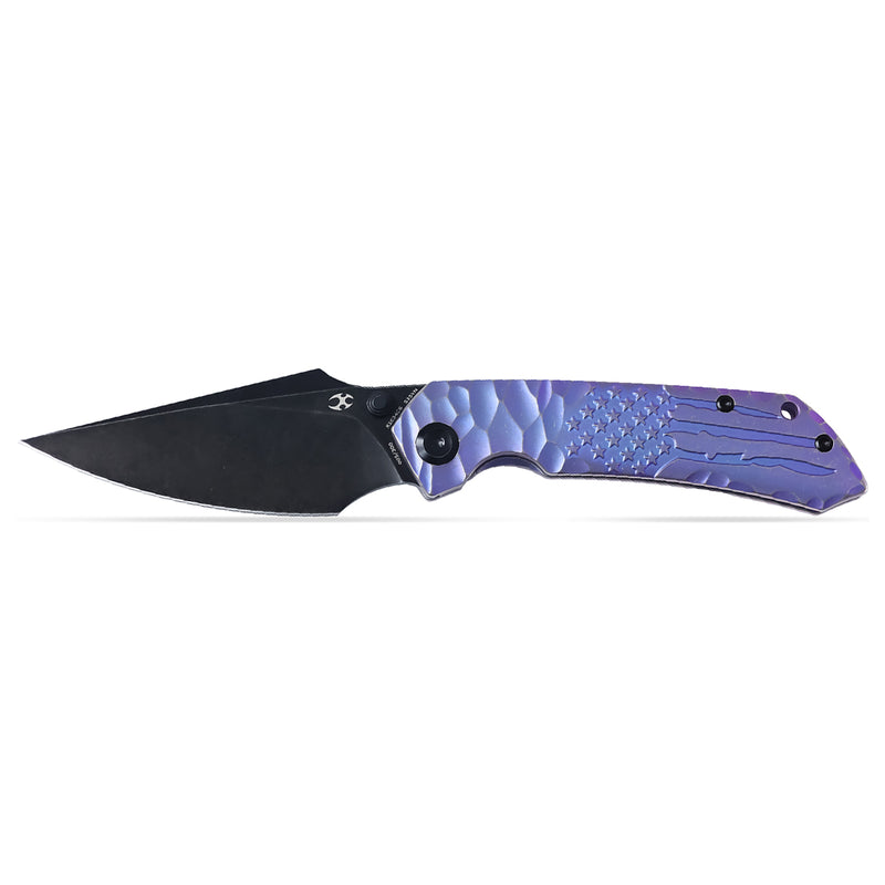 Kansept Exclusive Fenrir  | Frame Lock | Purple Anodized Titanium with CNC-machined American Flag Pattern | 3.48'' CPM S35VN Blade | Sparrow Knife Design | K1034C6