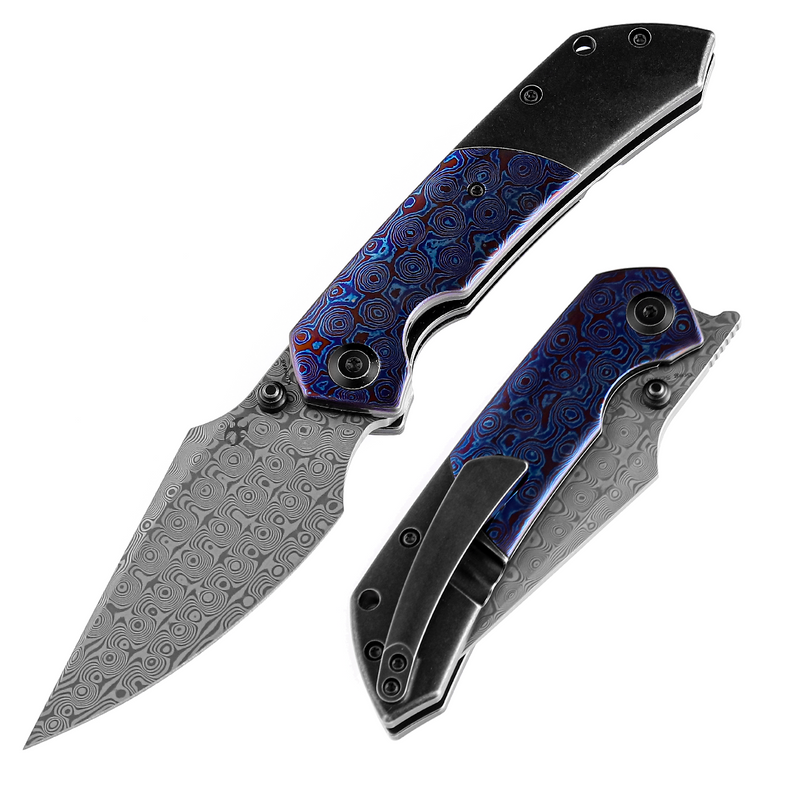 KANSEPT Fenrir Front Flipper/Thumb Stud Knife Titanium + Timascus Handle (3.48'' Damascus Blade) Greg Schob Design-K1034A8