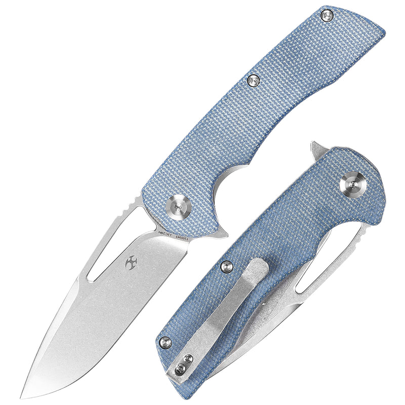 KANSEPT Kryo Thumb Hole/Flipper Knife Blue Micarta Handle (3.58"12C28N Blade) Kim Ning Design-T1001M3
