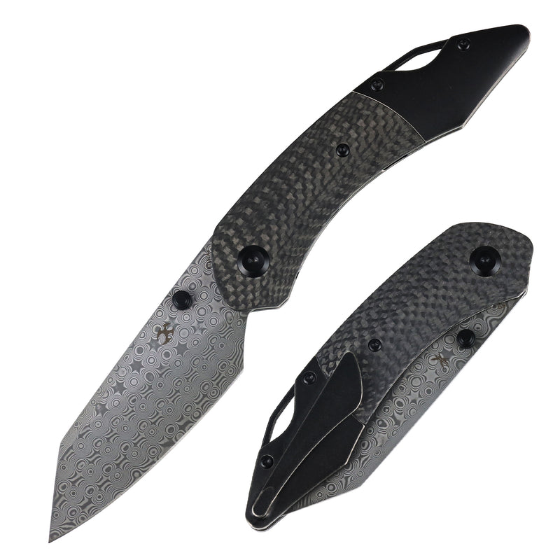 K9 | Bolster Liner Lock | Twill Carbon Fiber/G10 Laminate & Balckwash Titanium | 3.63" Damascus | Keanison Knives Design | K1151A4