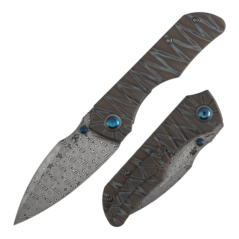 Kansept Mini Lanza | Thumb Stud | Titanium with Tiger Strip Finish | 3.31" Damascus Blade | Brandon Corbin Designed | K1116A4