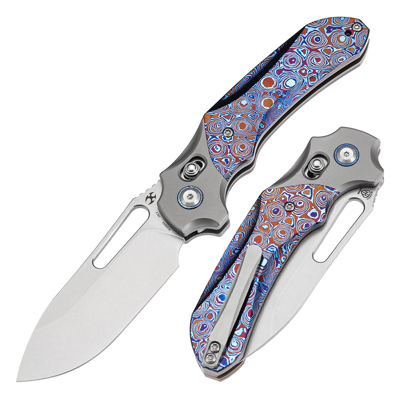 KANSEPT Quasar Cross Bar Lock Stonewashed Titanium and Timascus Handle (3.38" CPM 20CV Blade) with Munko Knives Design-K1099V4