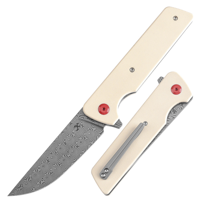 KANSEPT Anomaly Flipper Knife Ivory G10 Handle (3.14''Damascus Blade) Dirk Pinkerton-K2038A5