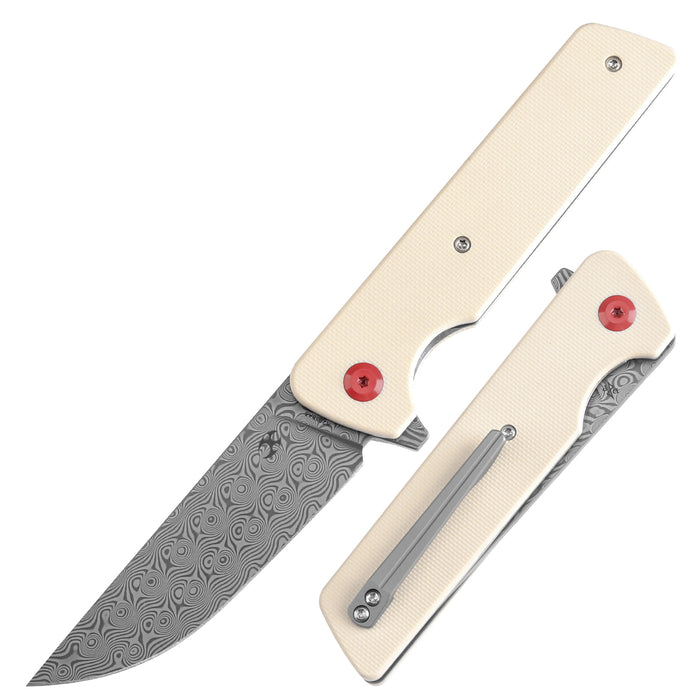 KANSEPT Anomaly Flipper Knife Ivory G10 Handle (3.14''Damascus Blade) Dirk Pinkerton-K2038A5