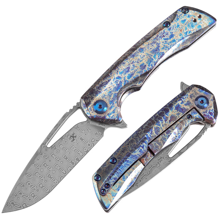 KANSEPT KRYO Thumb Hole Titanium with Lightning Strike Finish Handle (3.58" Damascus Blade) Kim Ning Design-K1001A6