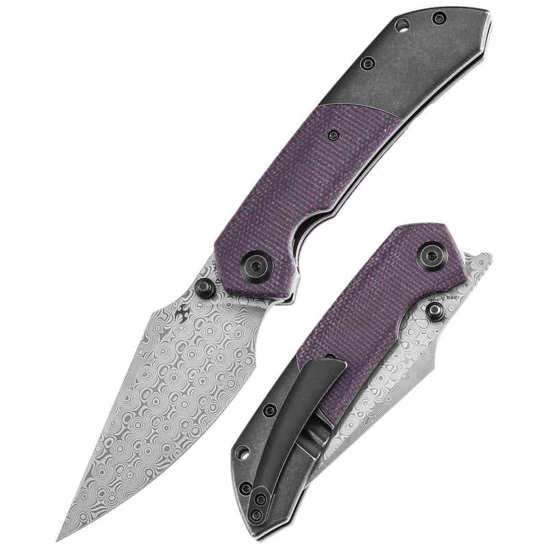 KANSEPT Fenrir Front Flipper/Thumb Stud Knife Blackwash Titanium and Purple Micarta Handle (3.48''Damascus Blade) Greg Schob Design -K1034Z2
