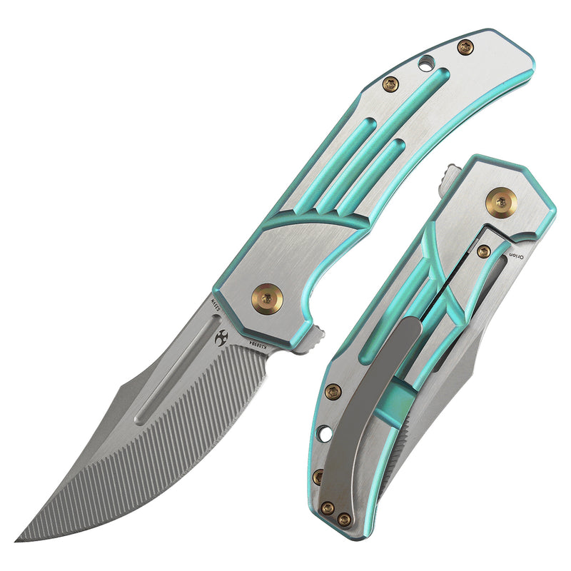 KANSEPT Orion Limited Version Flipper Green Anodized and Machine Satin Titanium Handle (3.07" Machine Satin CPM S35VN with CNC Milling Blade) JB Stout Design-K1089B4