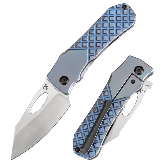 KANSEPT Loki Thumb Hole Knife Blue Anodized Titanium with Frag Pattern Handle (2.99''CPM S35VN Blade)Steven Dunnuck Design-K1058B6