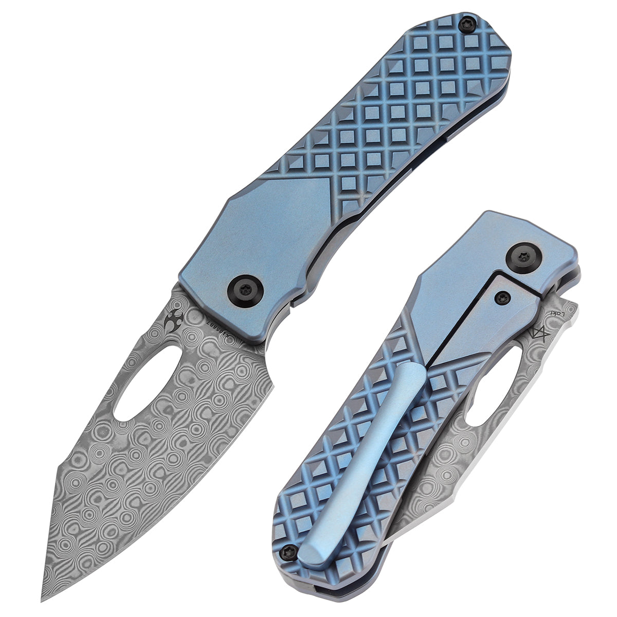 KANSEPT Loki Thumb Hole Knife Blue Anodized Titanium with Frag