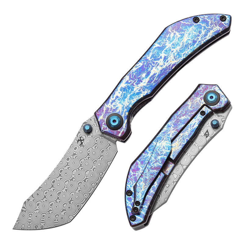 KANSEPT Tipper Thumb Stub Knife Titanium with Lightning Strike Finish Handle(3.38'' Damascus Blade)Edgy Bladeworks Design-K1079A3