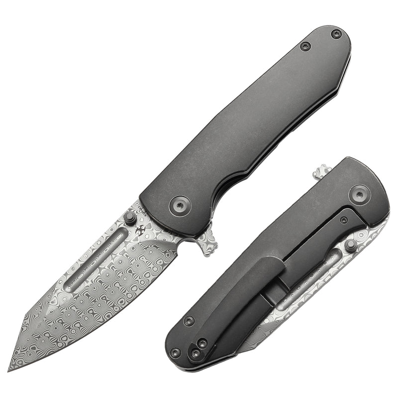 KANSEPT Superhawk Flipper Knife Blackwash Titanium Handle(3.89''Damascus Blade) Warhawk Knives Design-K1084A3