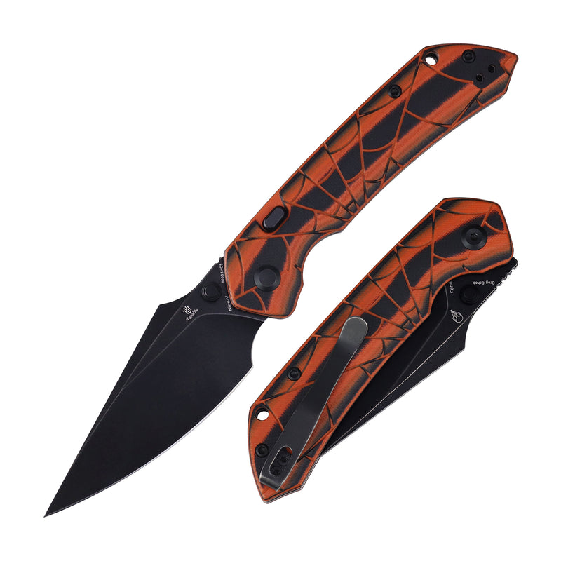 Tenable Fenrir | Top Button Liner Lock | 3.4" Blackwash Nitro-V | Orange & Black G10 with 3D Spiderweb Texture - B1034HC5