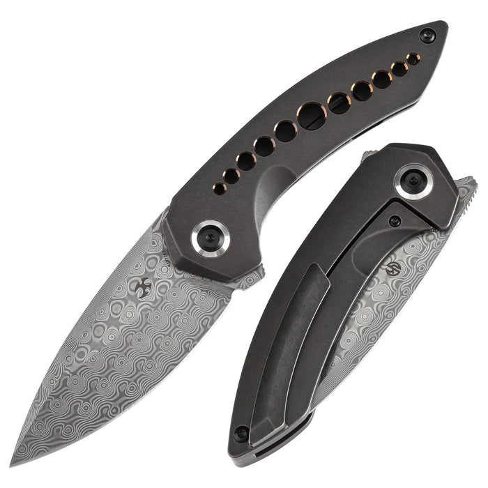 KANSEPT ODD 21 Front Flipper Blackwash Titanium with Bronze Anodized Holes Handle (3.08'' Damascus Blade) Tuffknives Design -K1077A3