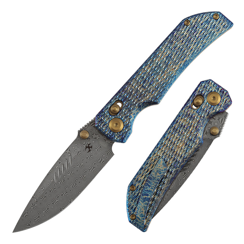 KANSEPT Eaglestrike Crossbar Lock Knife Lightning Strike Finish Titanium with Diamond Pattern Handle(3.73'' Damascus Blade) James Lowe Design-K1095V5