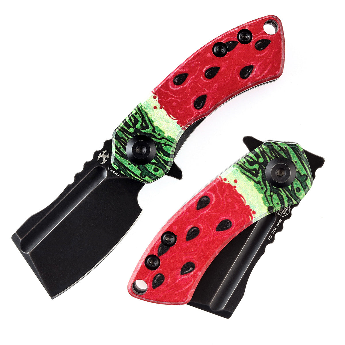 KANSEPT Mini Korvid Flipper Knife Jade G10 with Watermelon Print