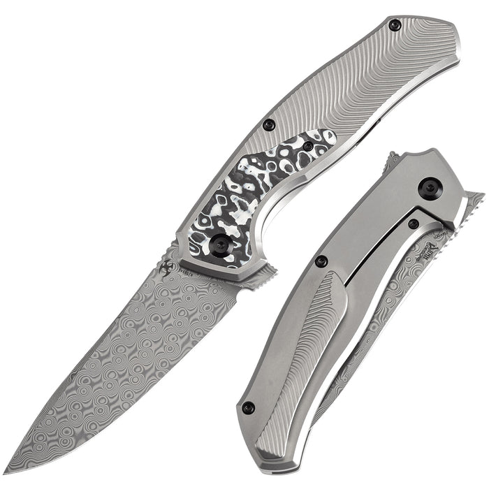 KANSEPT HAVØRN Flipper Titanium with Black and White Carbon Fiber Inlay Handle (3.48''Damascus Blade )Djinn Design -K1069A1