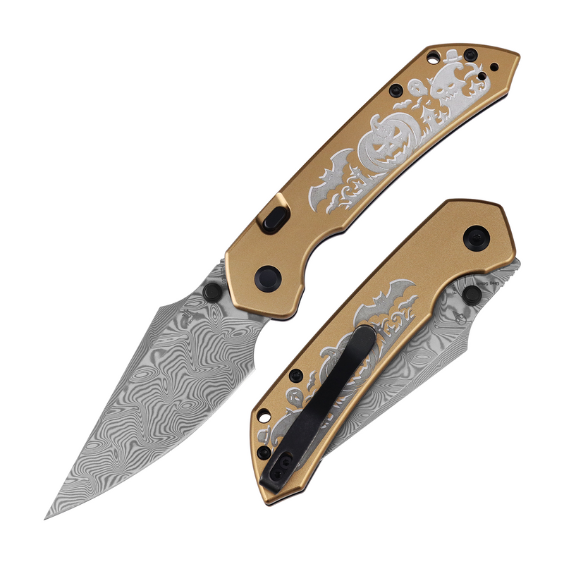 Tenable Fenrir | Top Liner Lock | 3.4" Water Ripple Damascus Blade | Golden Anodized Aluminum Spooky Gothic Pattern Handle | Sparrow Knife Design - B1034H24