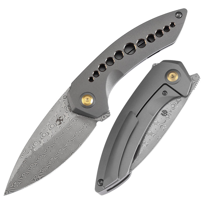 KANSEPT ODD 21 Front Flipper Grey Anodized Titanium with Bronze Holes Handle (3.08'' Damascus Blade) Tuffknives Design -K1077A2