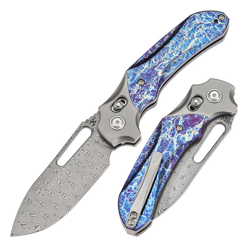 KANSEPT Quasar Cross Bar Lock Stonewashed Titanium and Titanium Inlay with Lightning Strike Finish Handle (3.38" Damascus Blade) with Munko Knives Design-K1099V3