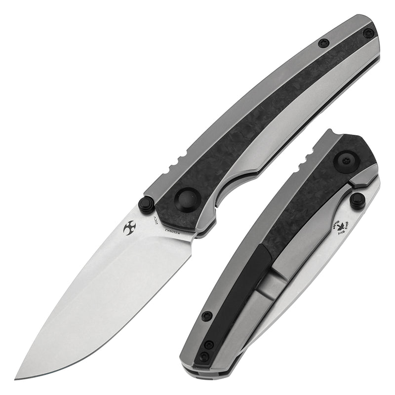 KANSEPT Thumb Stub Raven Bead Blasted Titanium with Shred Carbon Fiber Handle (3.13" CPM 20CV Blade) with Black Bird Blades Design-K2109A2