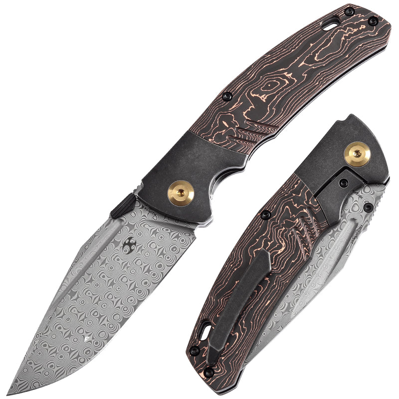 KANSEPT Hinterland Thumb Stub Blackwash Titanium and Copper Carbon Fiber Handle (3.58"Damascus Blade) Morgan Koens Design-K1057A3