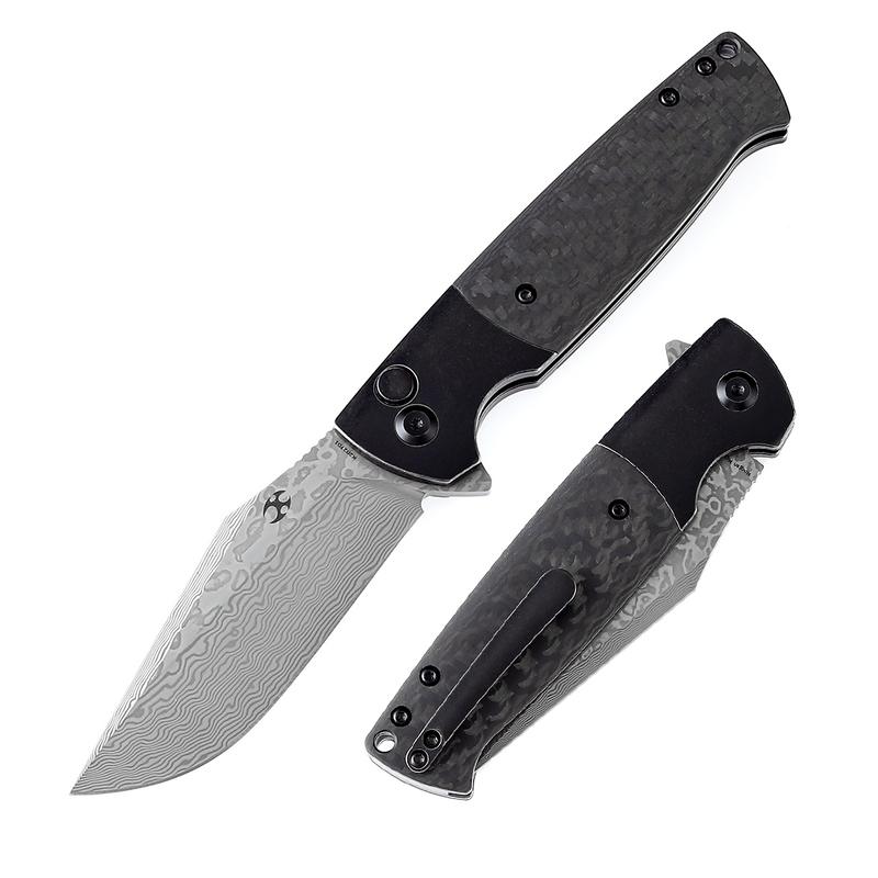 Shikari SBL  Button Lock K2027D1 Damascus Blade Black Stonewashed Titanium +Twill Carbon Fiber Handle with Morgan Koens Dessign