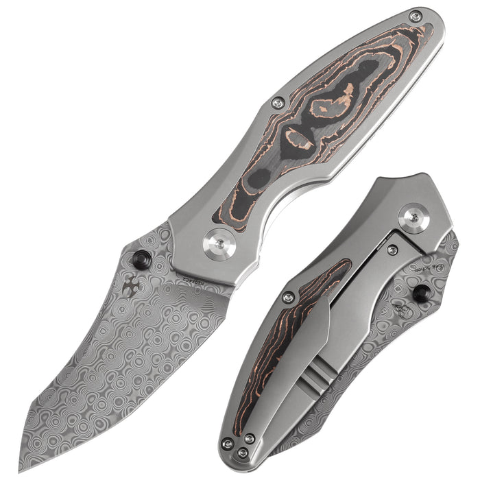 KANSEPT Baba Yaga Thumb Studs Bead Blasted Ti with Copper Carbon Fiber Inlay Handle (3.06''Damascus Blade ) Sparrow Knife Design -K1074C2