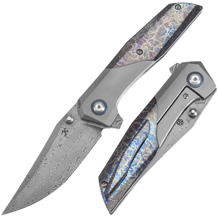 KANSEPT Deadite Thumb Stub Beadblasted Titanium & Titanium with Lightning Strike Finish Handle (3.52''Damascus Blade ) Tuffknives Designed - K1081A2